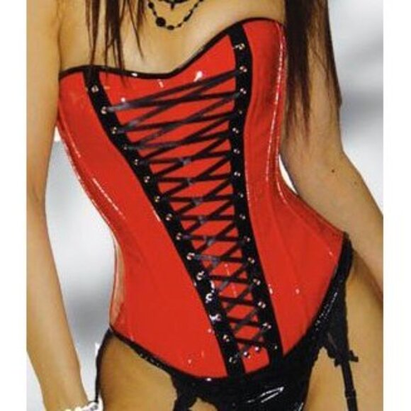 Red Black Lace Up Front Shiny Vinyl Corset Set - NEW - Picture 1 of 8
